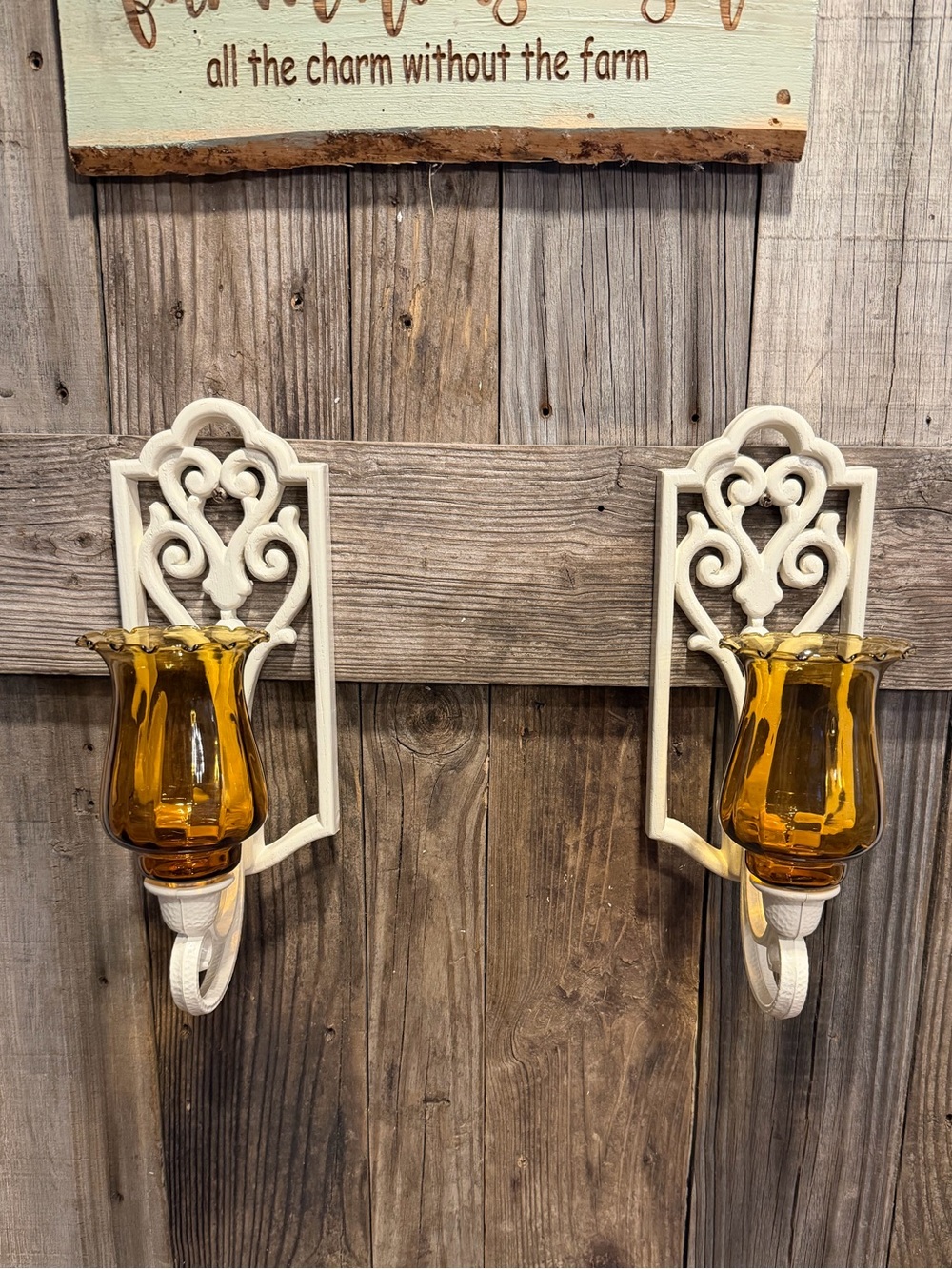 Pair of Vintage BOHO Farmhouse Amber Glass Candle Wall Sconces